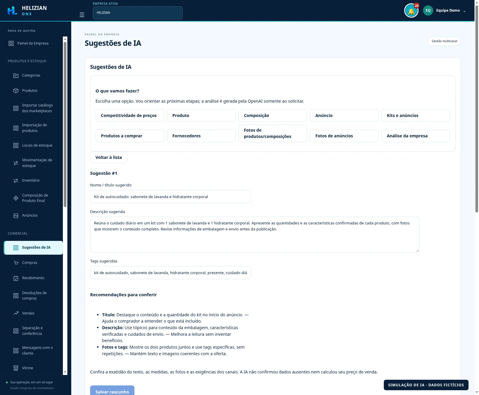 Interface do HELIZIAN ONE com uma sugestão simulada de anúncio: título, descrição, tags e recomendações para um kit de autocuidado. Dados fictícios, sem geração real de IA.