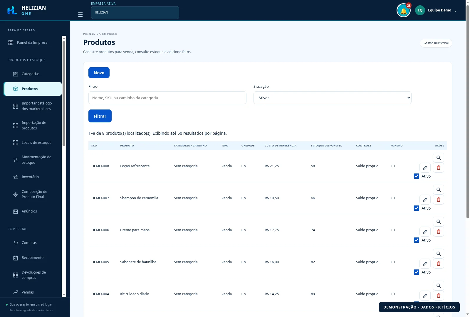 Tela real do cadastro de produtos, com pesquisa, SKU, custo de referência, saldo disponível e ações de edição; todos os produtos são fictícios.